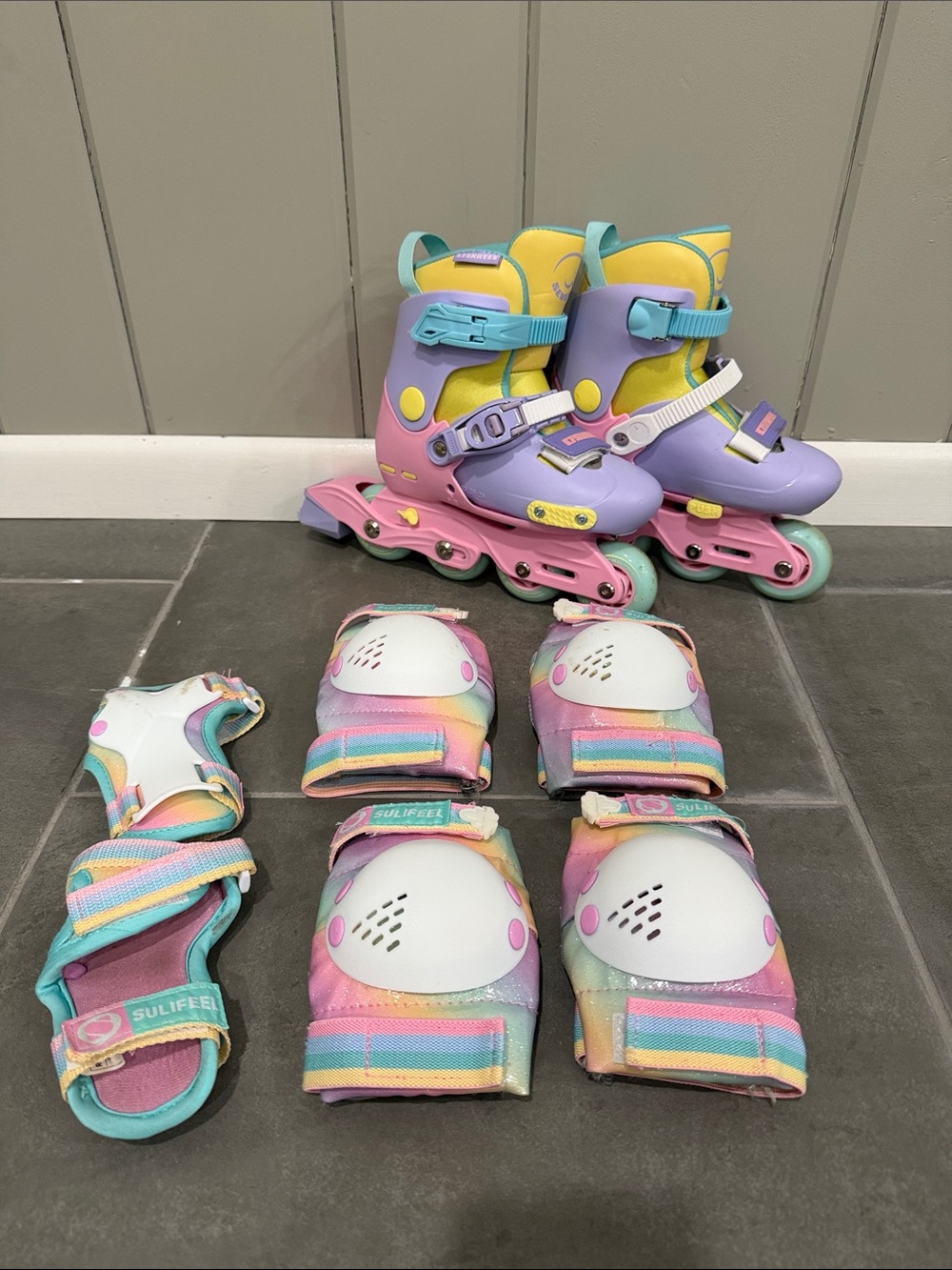 Kids Pastel Rainbow Adjustable C7 Inline Skates with Matching Pads